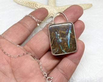 Solid Boulder Opal Bezel Pendant on Fine Silver Necklace