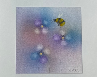 ORIGINAL Watercolour Painting Art Bee and Flowers