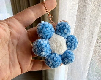 Small Crochet Daisy Flower Keychain Blue Petals