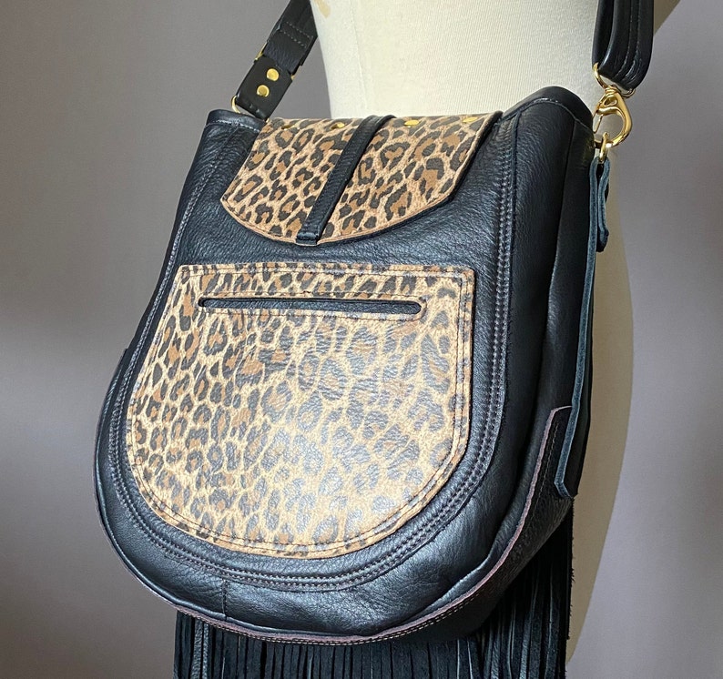 Fringed Leather Crossbody for women Animal Leopard print / Black Brass hardware Long detachable crossbody strap image 9