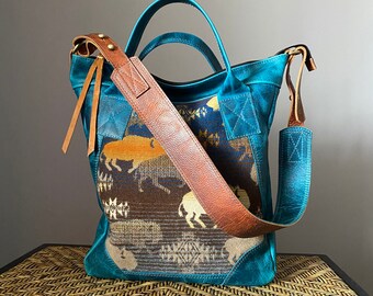 Guitar strap Leather tote, Computer bag w. zipper, adjustable crossbody strap, Bison Leather