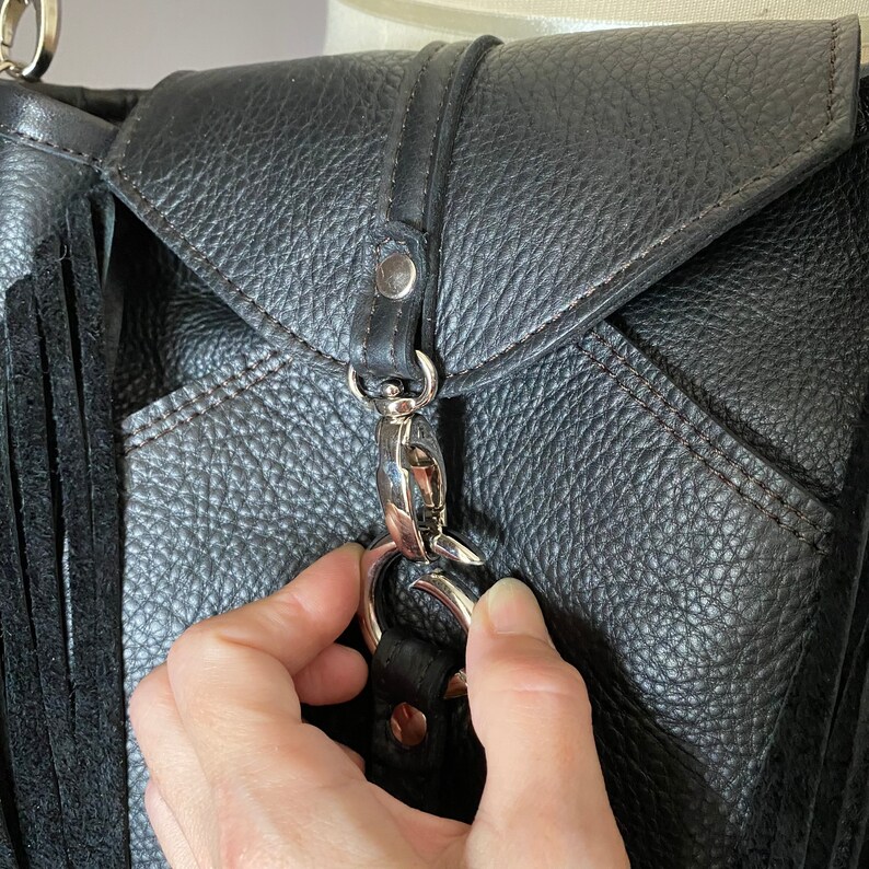 Medium Size Black Leather Fringed Bag With Crossbody Strap Etsy