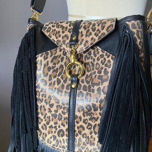 Fringed Leather Crossbody for women Animal Leopard print / Black Brass hardware Long detachable crossbody strap image 3