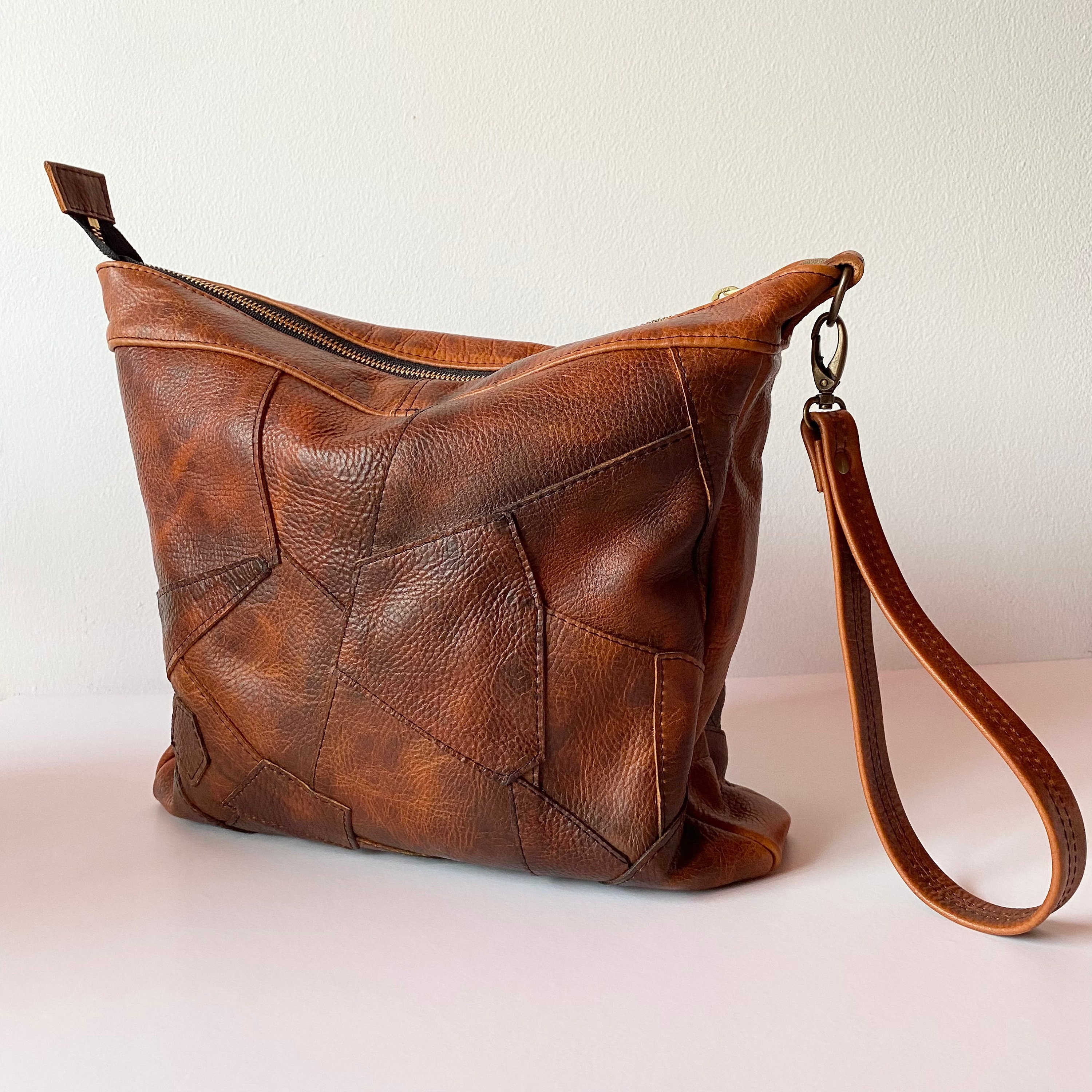Large Leather clutch with wrist strap Purse with zipper Etsy