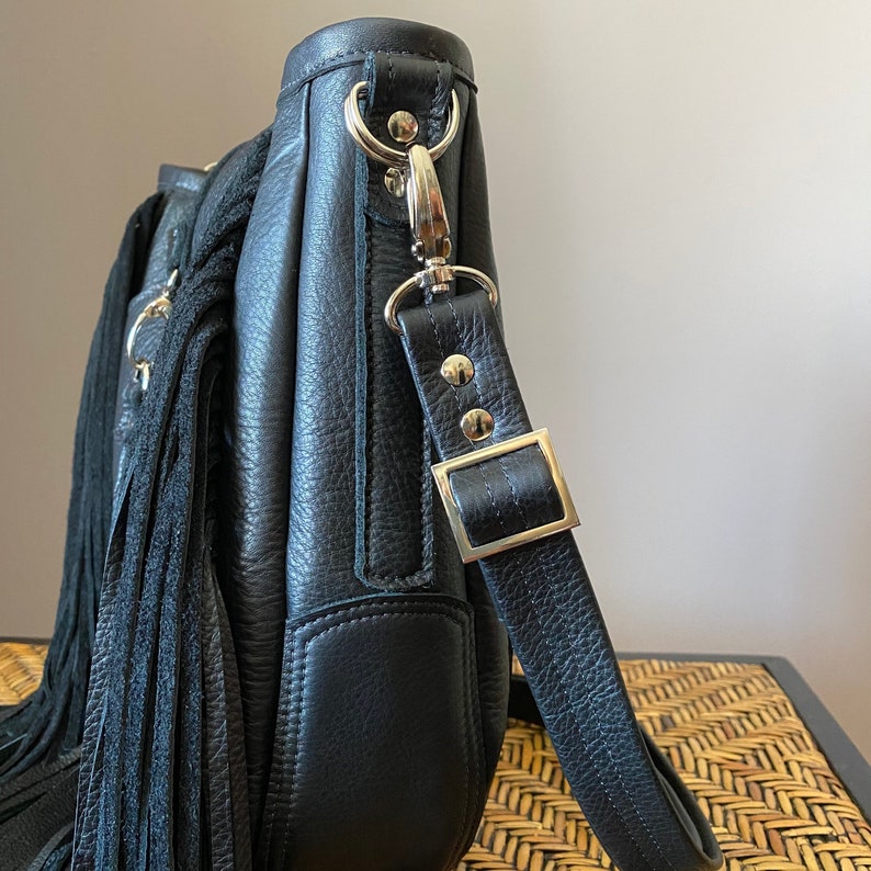 Medium Size Black Leather Fringed Bag With Crossbody Strap Etsy