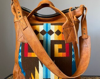 Distressed Leather and wool zipper tote with shoulder crossbody strap, large exterior phone pocket, top handle laptop bag