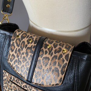 Fringed Leather Crossbody for women Animal Leopard print / Black Brass hardware Long detachable crossbody strap image 6