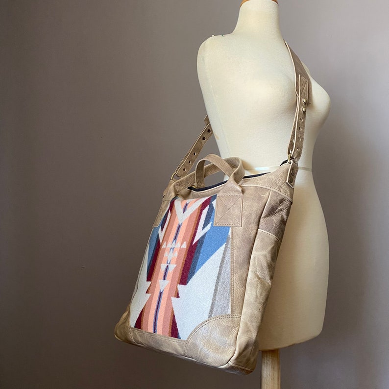 Large Leather tote, Computer bag, Luxury wool and leather travel bag, School bag w. zipper, adjustable guitar shoulder strap image 10