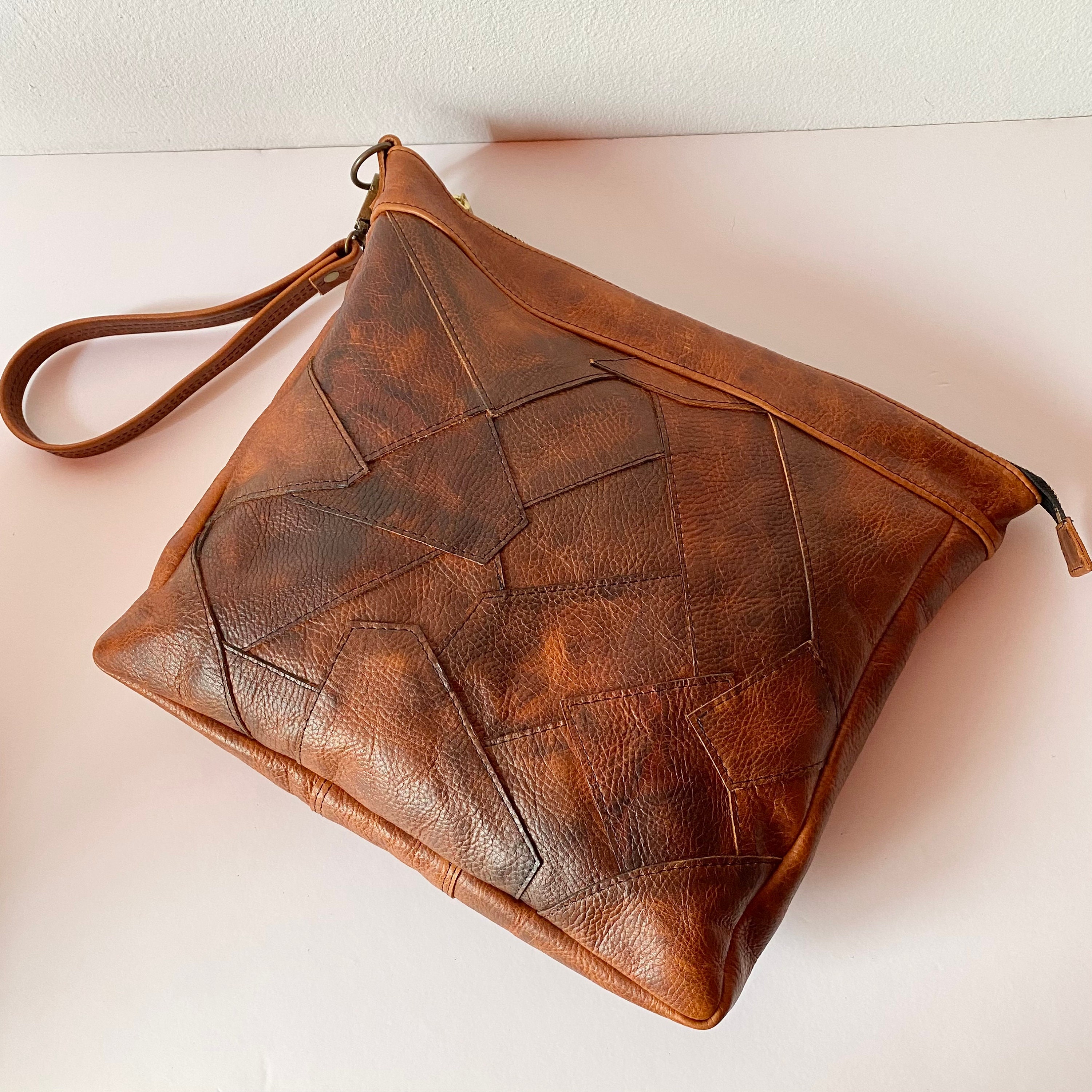 Large Leather clutch with wrist strap Purse with zipper Etsy