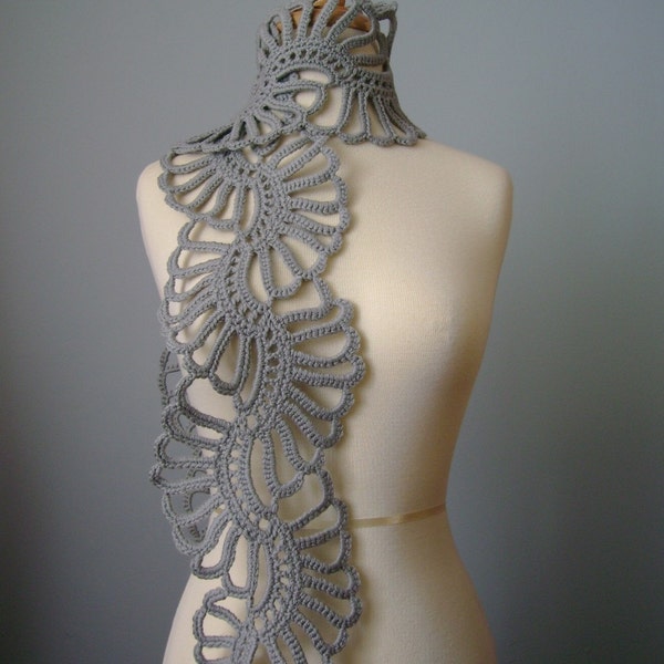 Crochet Art scarf Gray /Grey / Silver wool lace floral