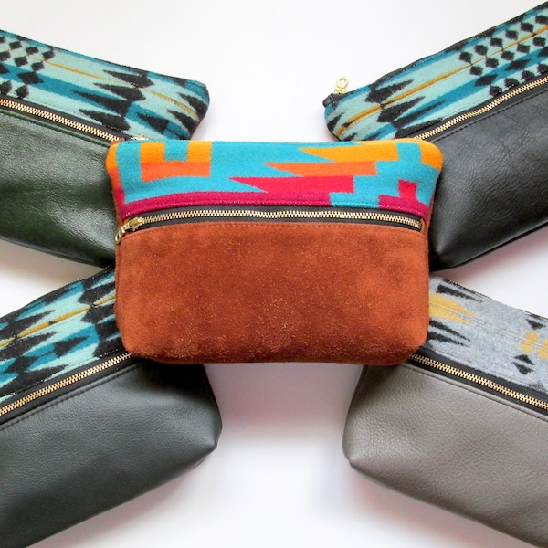 Wool and Leather Wristlet/ Navajo Print Wristlet/ Leather wristlet/ Leather Clutch/ Leather purse/ Oregon Wool/ Wool bag/ Gift for Her