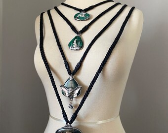 Natural Malachite necklace, Labradorite pendant necklace, Soldered jewelry, Leather cord necklace