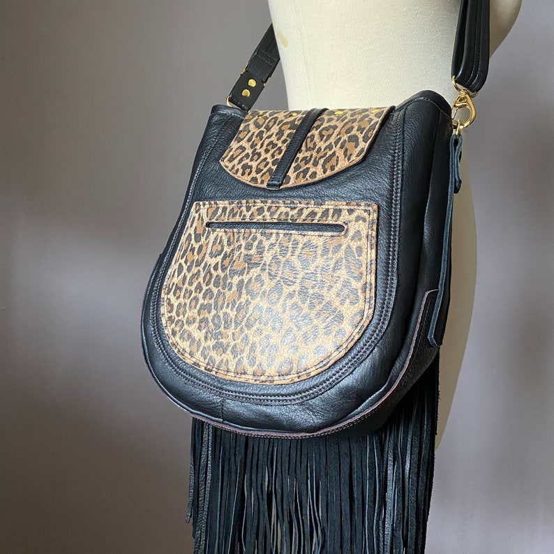 Fringed Leather Crossbody for women Animal Leopard print / Black Brass hardware Long detachable crossbody strap image 5