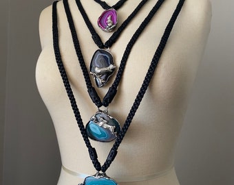 Agate slice necklace, Soldered jewelry, Leather cord necklace