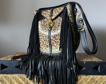 Fringed Leather Crossbody for women - Animal Leopard print / Black - Brass hardware - Long detachable crossbody strap