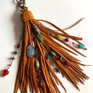 Moss Agate leather tassel – Bohemian Gemstone charm for purse -  Boho glam - Beaded leather charm