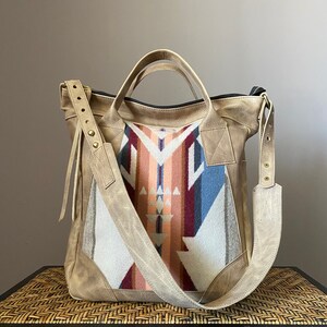 Large Leather tote, Computer bag, Luxury wool and leather travel bag, School bag w. zipper, adjustable guitar shoulder strap image 2