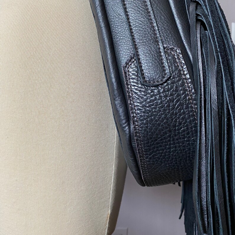 Medium Size Black Leather Fringed Bag With Crossbody Strap Etsy