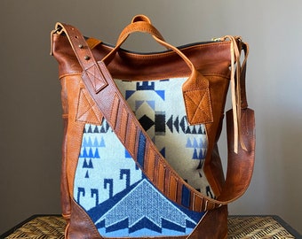 Leather tote, Computer bag, Luxury wool and leather travel bag, School bag w. zipper, adjustable guitar shoulder strap
