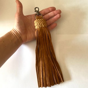 612 Long Fringe Purse Tassel Braided Honey Brown Leather Bag Charm Leather Zipper Pull extra long Antique Brass Hardware image 2