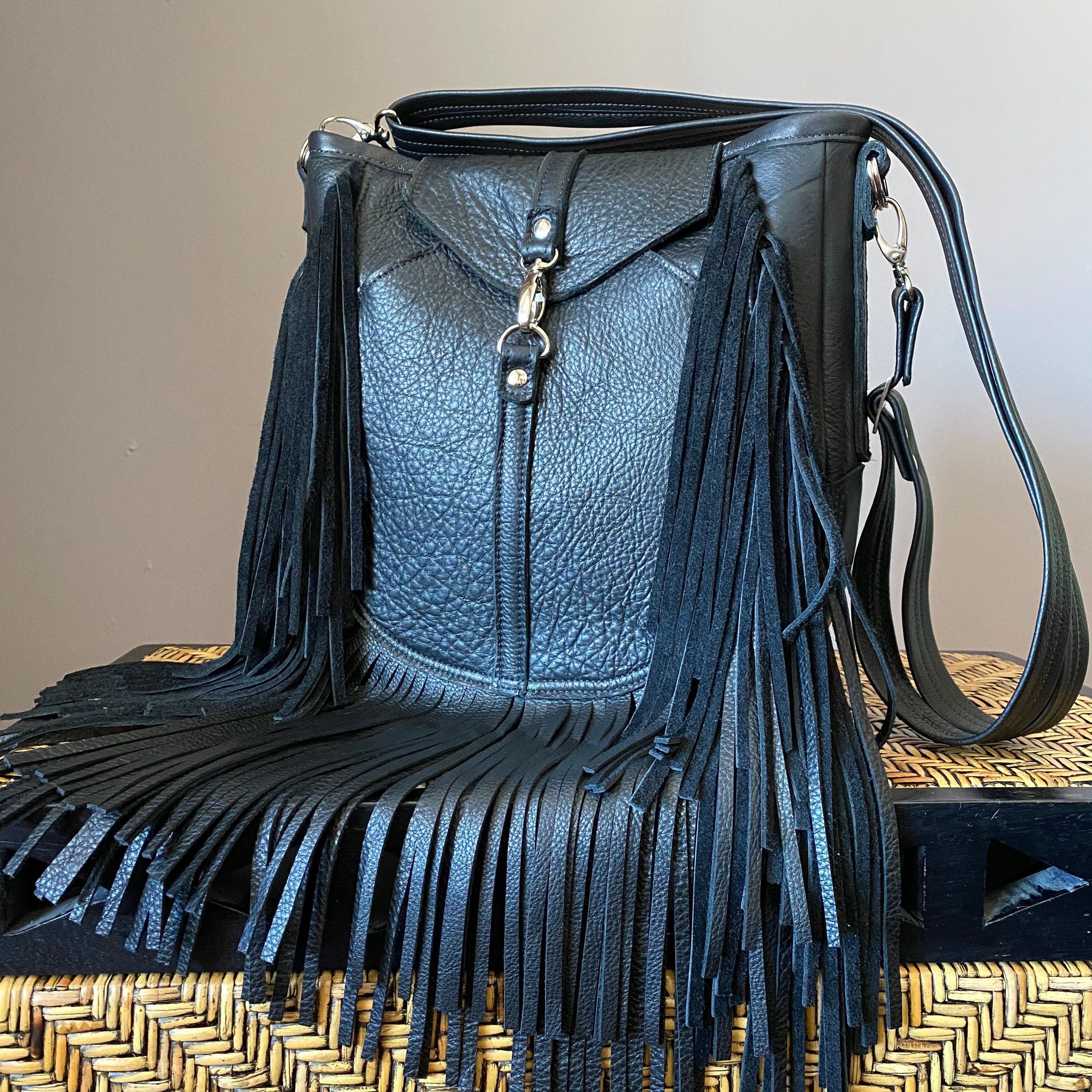 Medium Size Black Leather Fringed Bag with crossbody strap Etsy