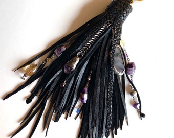 Amethyst leather tassel – Black leather charm - Bohemian Gemstone  purse adornment -  Boho glam - Beaded charm