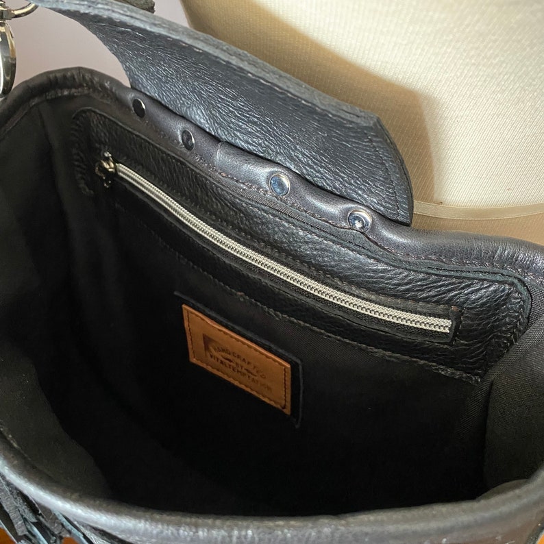 Medium Size Black Leather Fringed Bag With Crossbody Strap Etsy