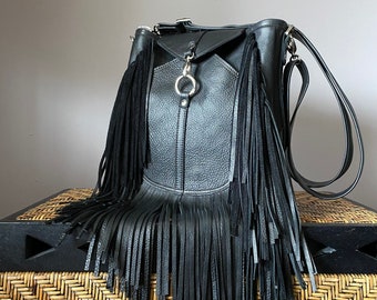 Medium Size Black Leather Fringed Bag with crossbody strap, Structured, Full grain leather - MADE TO ORDER