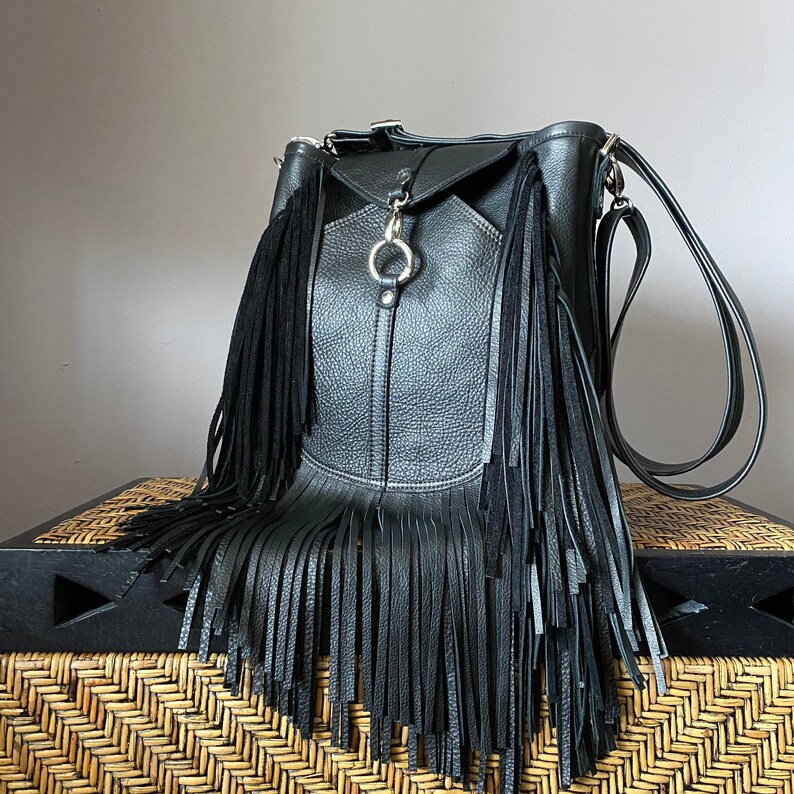Medium Size Black Leather Fringed Bag With Crossbody Strap Etsy
