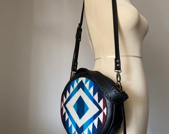 Round leather and wool cross body bag - Small Circle Purse - Various fabric patterns available