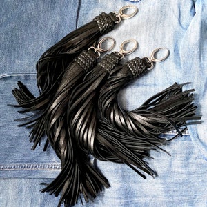One Giant Fringe Purse Tassel - Extra Long Braided Black Leather Bag Charm - Large Snap Hook - Antique Brass Hardware