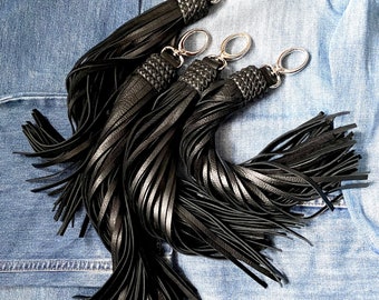 One Giant Fringe Purse Tassel - Extra Long Braided Black Leather Bag Charm - Large Snap Hook - Antique Brass Hardware