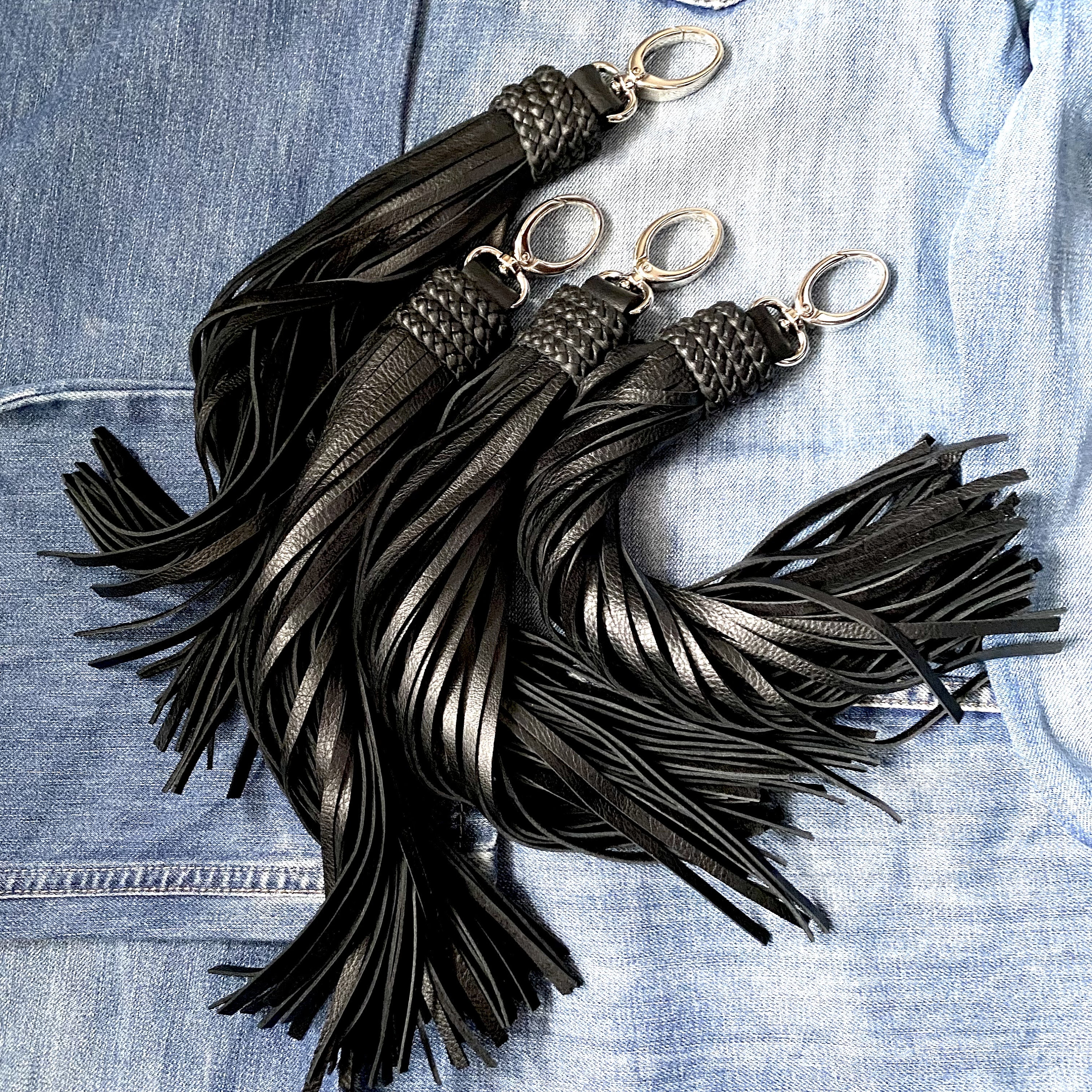 One Giant Fringe Purse Tassel Extra Long Braided Black Leather Bag
