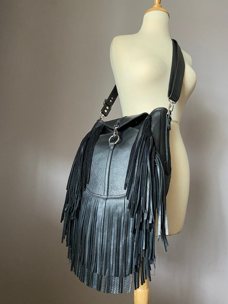 Medium Size Black Leather Fringed Bag With Crossbody Strap Etsy