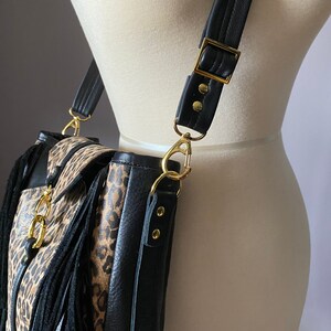 Fringed Leather Crossbody for women Animal Leopard print / Black Brass hardware Long detachable crossbody strap image 4