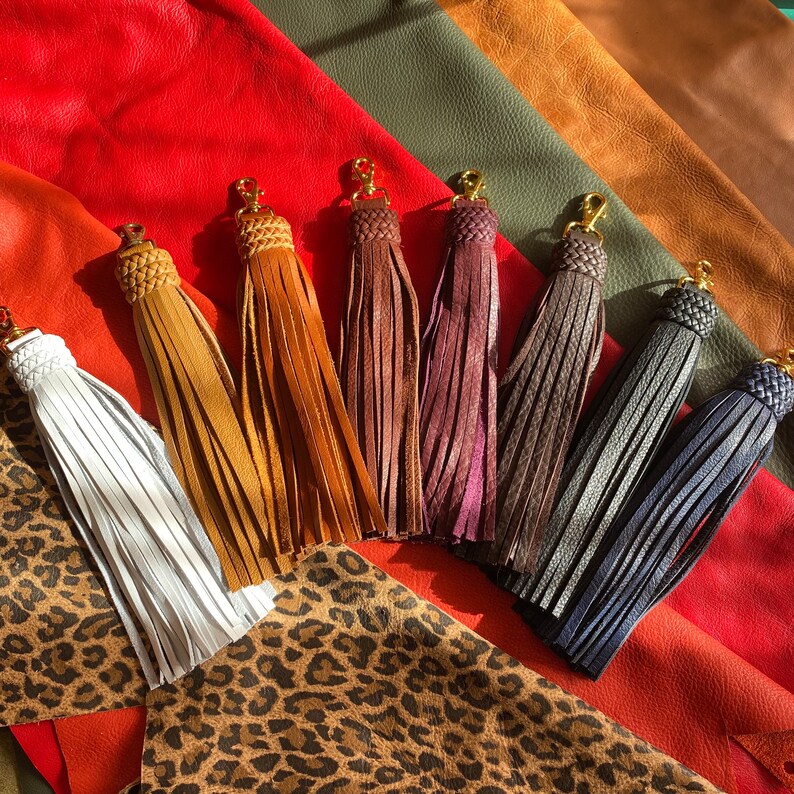 612 Long Fringe Purse Tassel Braided Honey Brown Leather Bag Charm Leather Zipper Pull extra long Antique Brass Hardware image 1