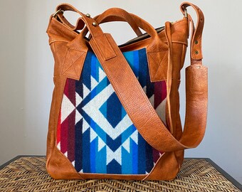 Large Leather wool zipper tote with guitar strap style, Overnight bag, Native pattern crossbody purse