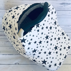Car Seat Cover, Nursing Cover, Shopping Cart Cover, High Chair Cover, All In One Cover, Stretch Cover, Black Stars on White