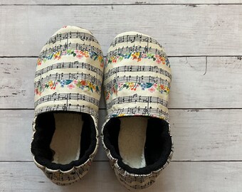 Handmade Fabric Slippers, Soft Sole Sherpa Suede Slippers in Sizes from Infant to Adult, Rifle Paper Co Fabric Indoor Booties for the Family