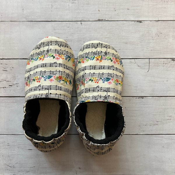 Handmade Fabric Slippers, Soft Sole Sherpa Suede Slippers in Sizes from Infant to Adult, Rifle Paper Co Fabric Indoor Booties for the Family