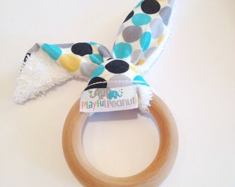 Teething Ring, Maple Teether, Bunny Teething Ring with Ears, Natural Teething Ring, Bunny Ear Teething Ring, Multicoloured Dots