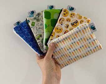 FIVE Small Reusable Zipper Snack Bags, Machine Washable with a Water Repellent Nylon Liner, SALE Sample Pack, Convenient Food-Safe Storage