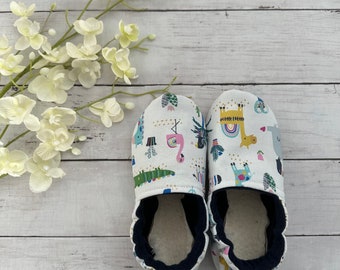 Handmade Fabric Slippers, Soft Sole Sherpa Suede Slippers in Sizes from Infant to Adult, Animal Print Indoor Booties for the Family