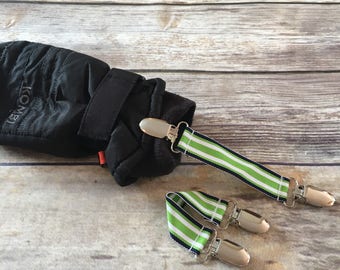 Mitten Clips, Mitt Clips, Mitten Holders, Mitten Leash, Winter Mitten Clips, Mitten Savers, Glove Holders, Green and Blue Stripe