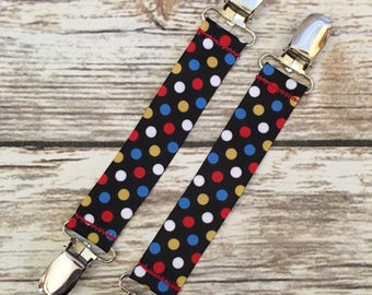 Mitten Clips, Mitt Clips, Mitten Holders, Mitten Leash, Winter Mitten Clips, Mitten Savers, Glove Clips, Dots on Black, Multicoloured Dots