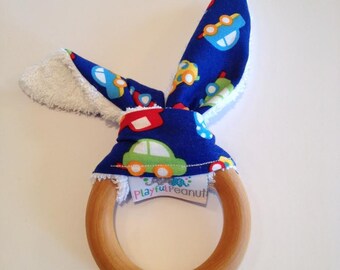 Teething Ring, Maple Teether, Bunny Teething Ring with Ears, Natural Teething Ring, Bunny Ear Teething Ring, Cars on Blue Fabric