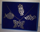 HALF OFF! Vintage Jewelry F.B. Rogers Silver Company Silverplate Pet Pendants Owl Pendant Fish Pendant Butterfly Pendant Turtle Pendant