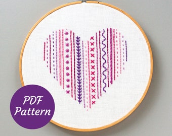 Heart Embroidery Stitch Sampler PDF Pattern (for beginners) Instant Digital Download