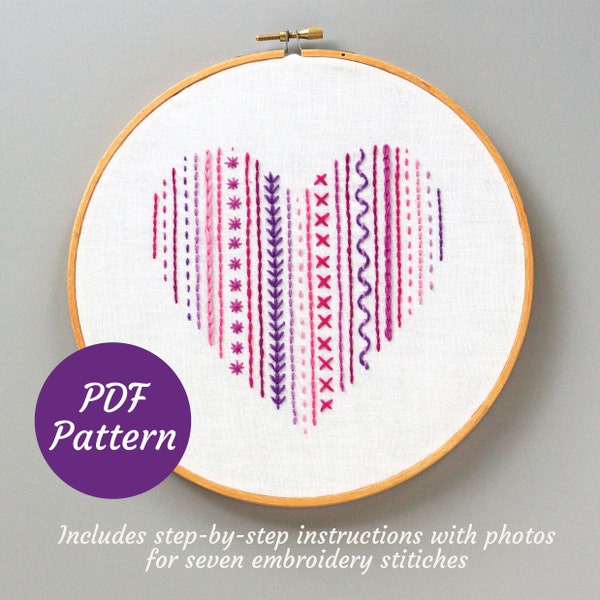 Heart Embroidery Stitch Sampler PDF Pattern (for beginners) Instant Digital Download