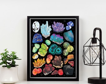 Gemstone Magic Art Print, Gem Poster, Art Gift, Rock and Minerals Wall Art, Gemstones Watercolor Crystal Print